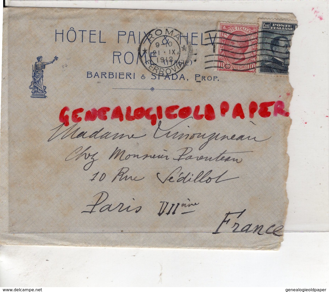 ITALIE- ROMA- ROME- RARE LETTRE HOTEL PAIX ET HELVETIA-BARBIERI & SPADA PROPRIETAIRES- MME LIMOUZINEAU PARIS 1912 - Italia