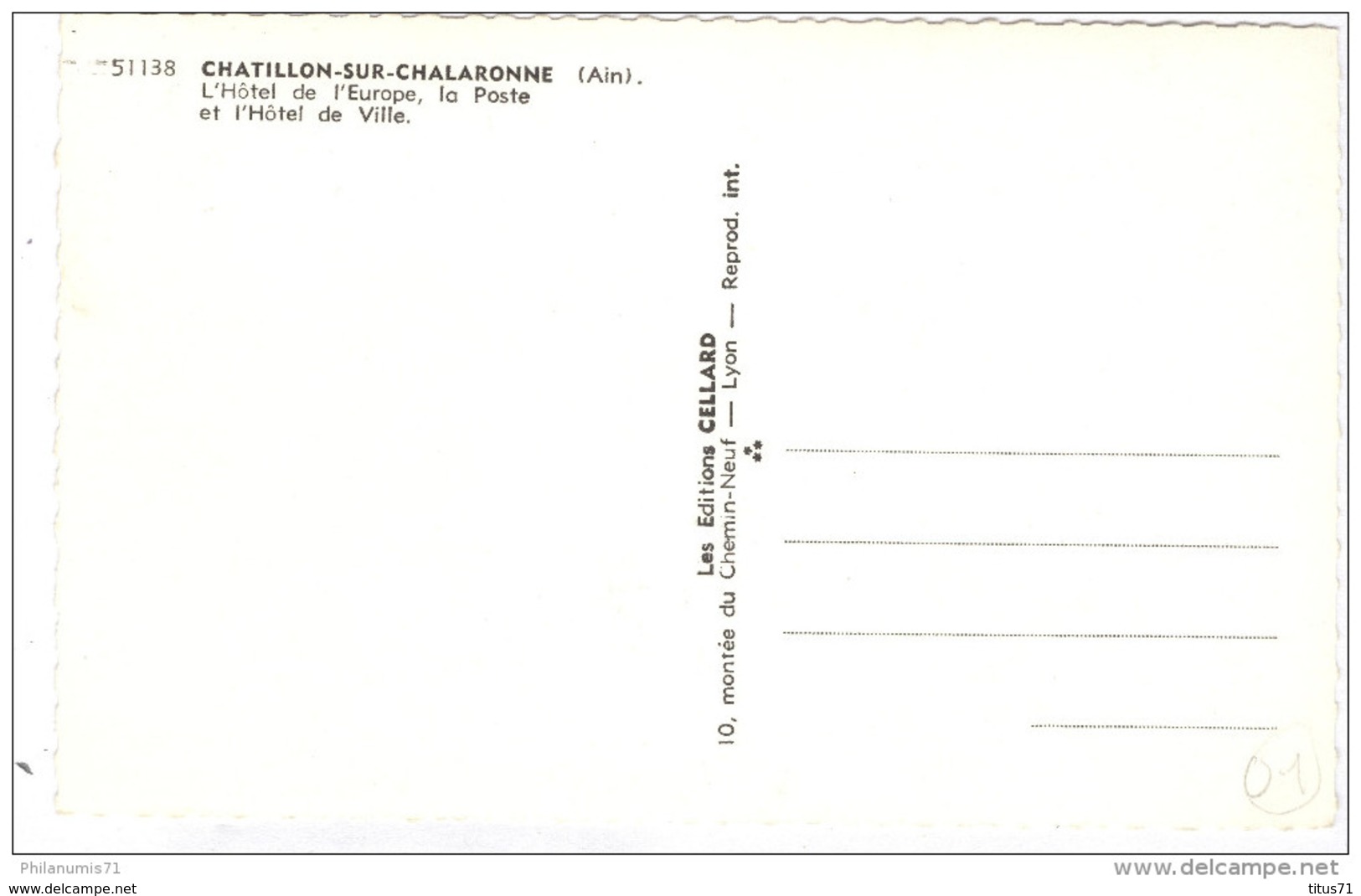 CPSM Chatillon Sur Chalaronne - L'Hôtel De L'Europe, La Poste Et L'Hôtel De Ville - Non Circulée - Châtillon-sur-Chalaronne