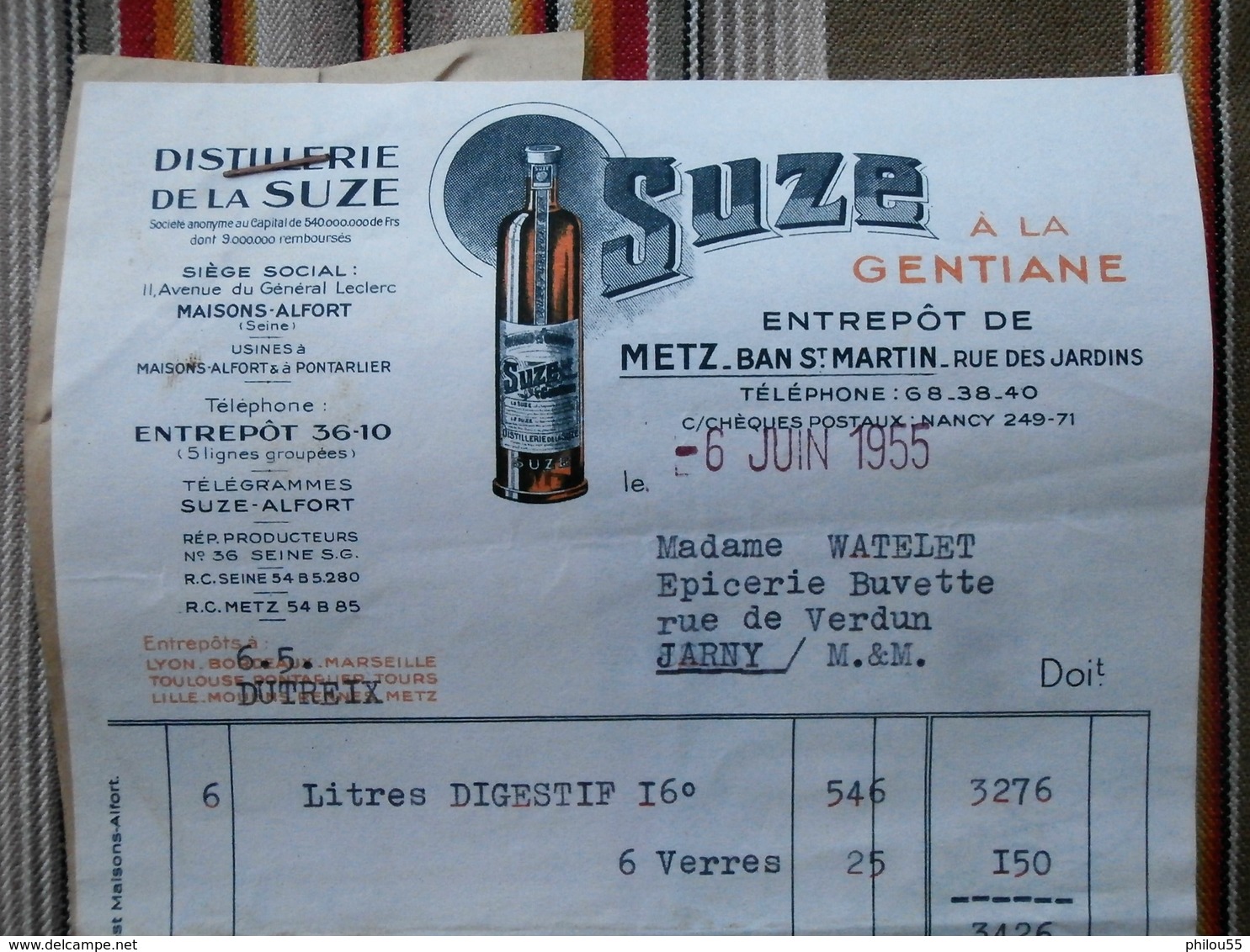 94 MAISON ALFORT 25 PONTARLIER 57 METZ BAN St MARTIN Distillerie De La SUZE Conge - Factures