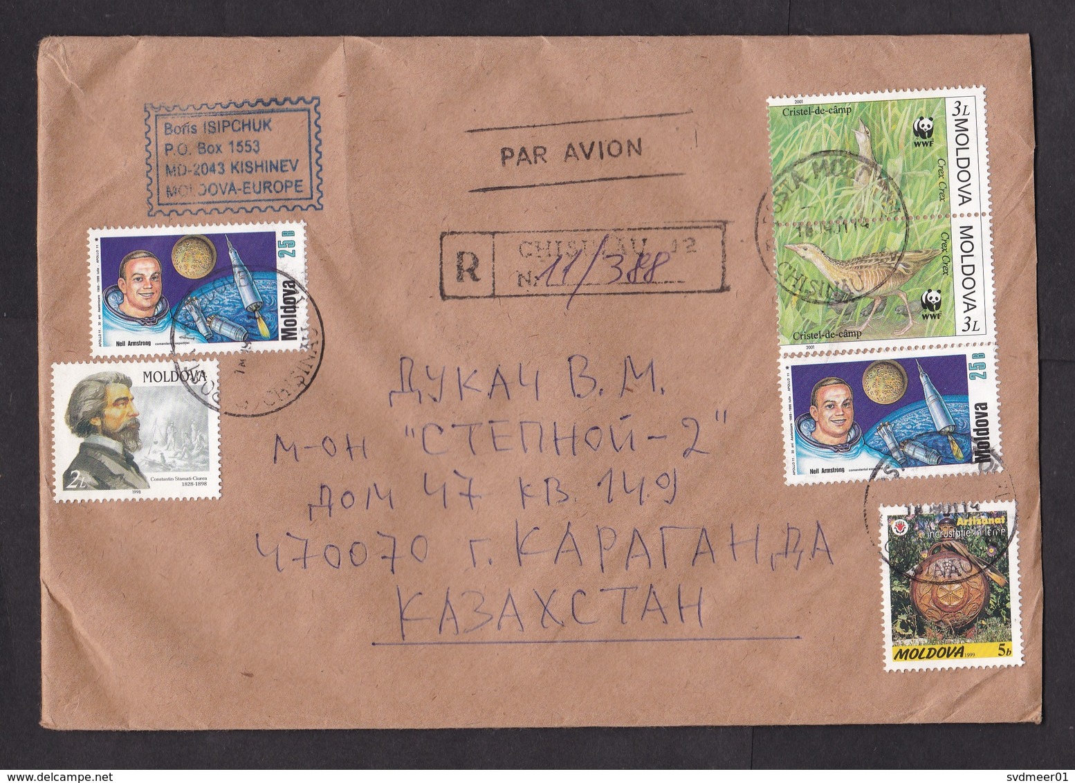 Moldova: Cover To Kazakhstan, 2001, 6 Stamps, Neil Armstrong, Apollo, Space, Bird, WWF, Label Moscow (traces Of Use) - Moldavië