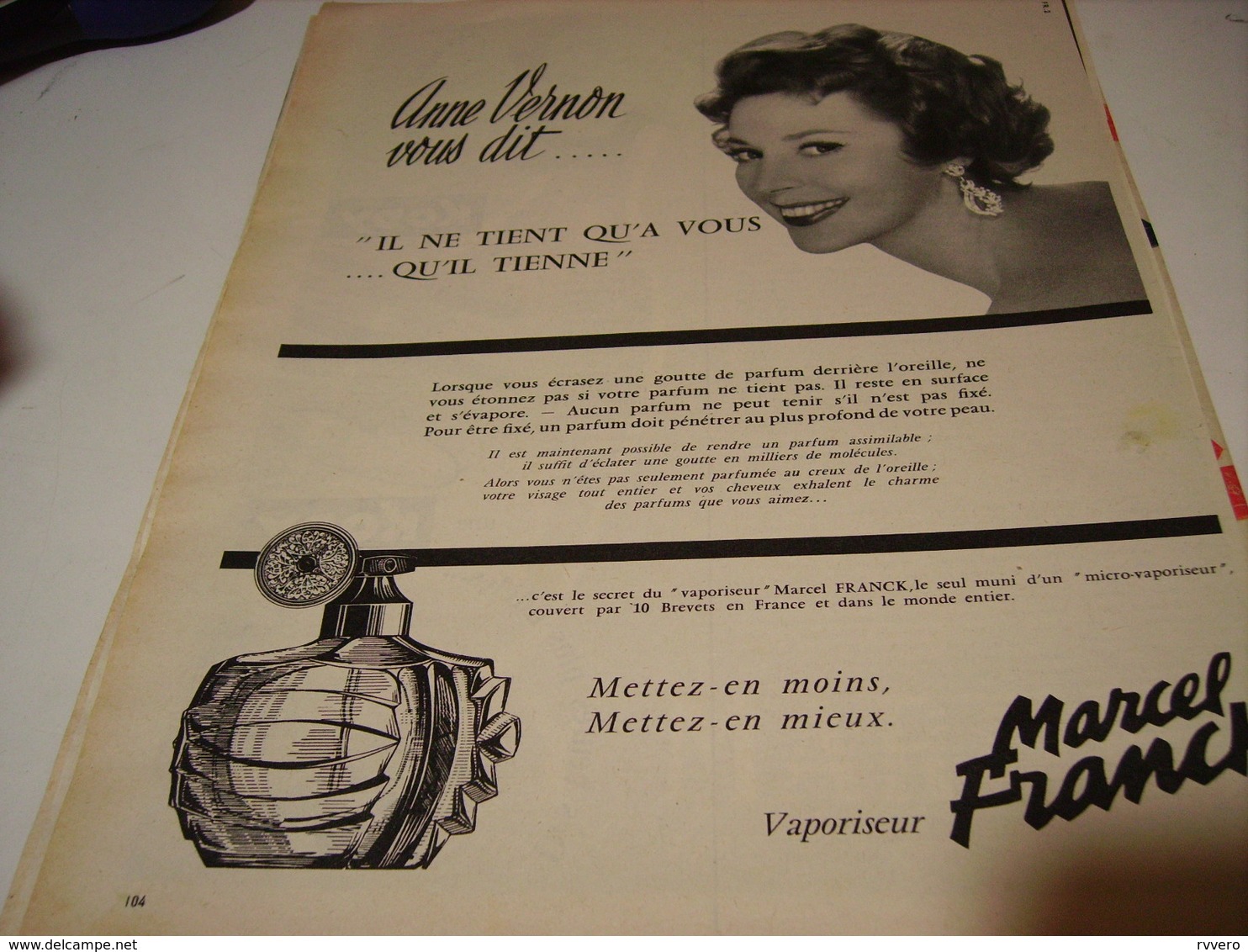 ANCIENNE PUBLICITE ANNE VERNON VOUS DIT UN PARFUM  MARCEL FRANCK 1959 - Autres & Non Classés