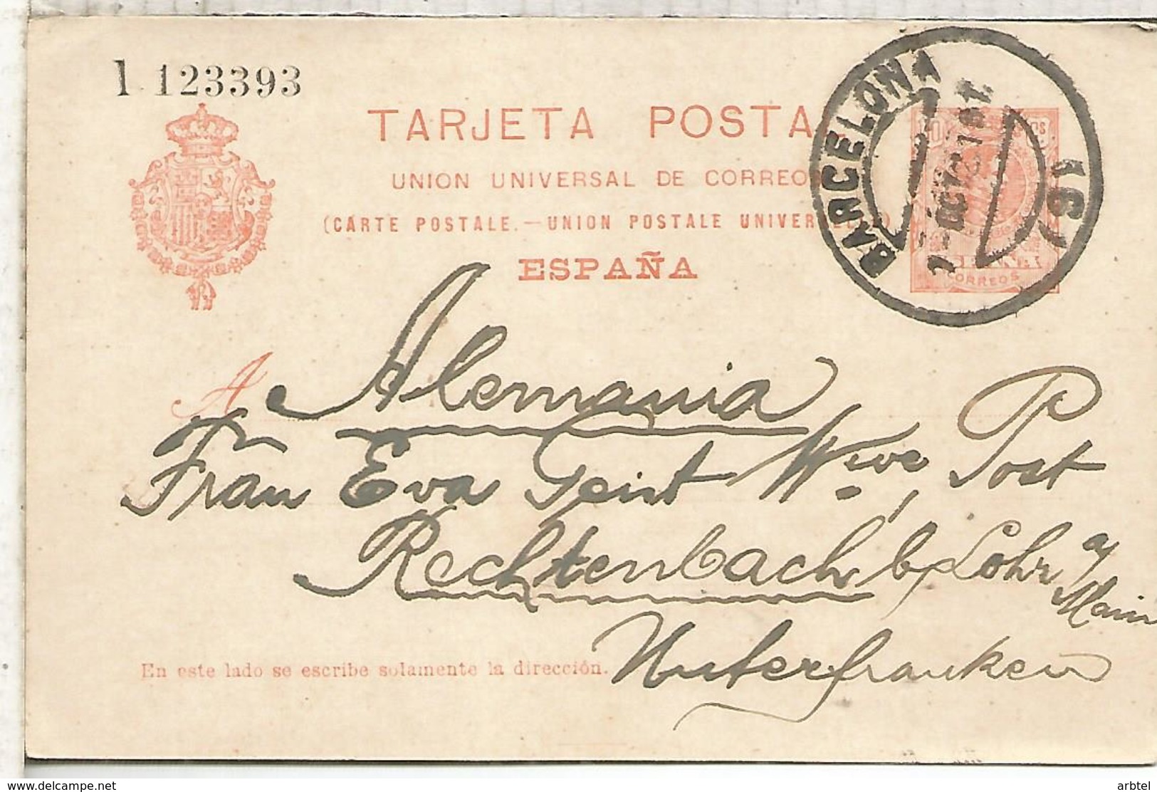 ESPAÑA ENTERO POSTAL ALFONSO XIII BARCELONA A RECHTENBACH SERIE L - 1850-1931