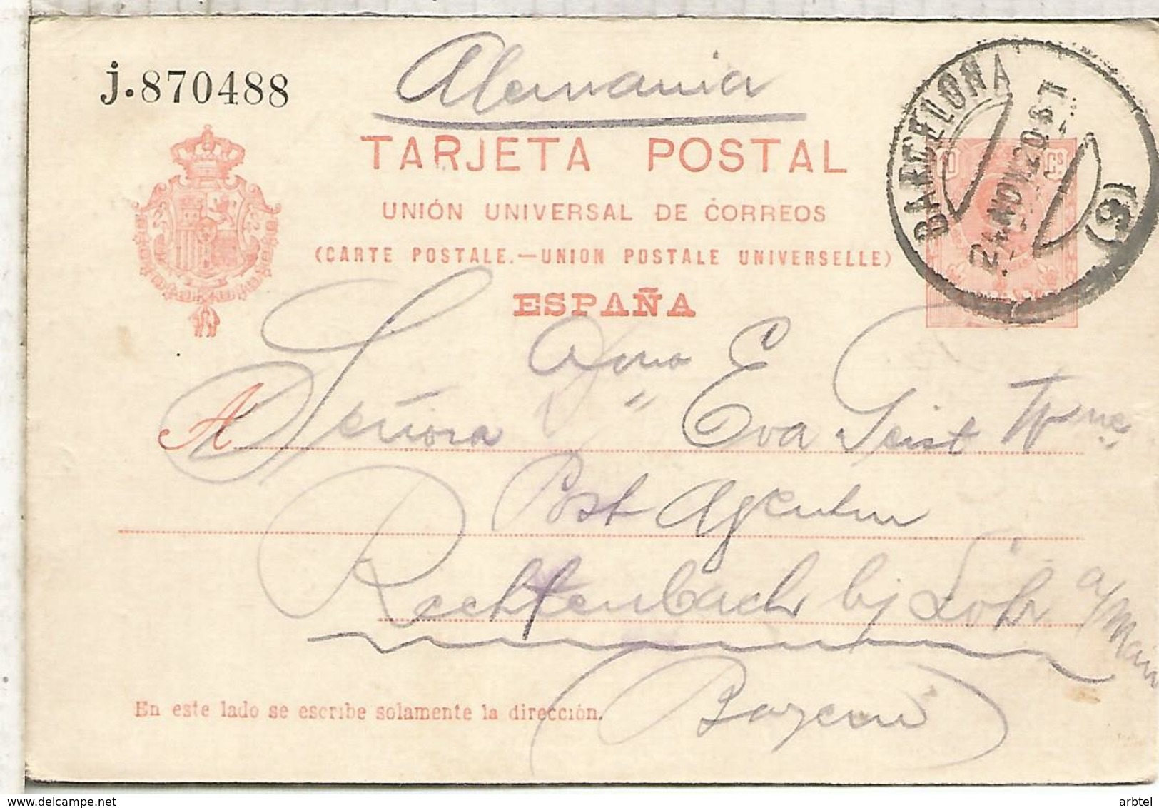 ESPAÑA ENTERO POSTAL ALFONSO XIII BARCELONA A RECHTENBACH SERIE J - 1850-1931