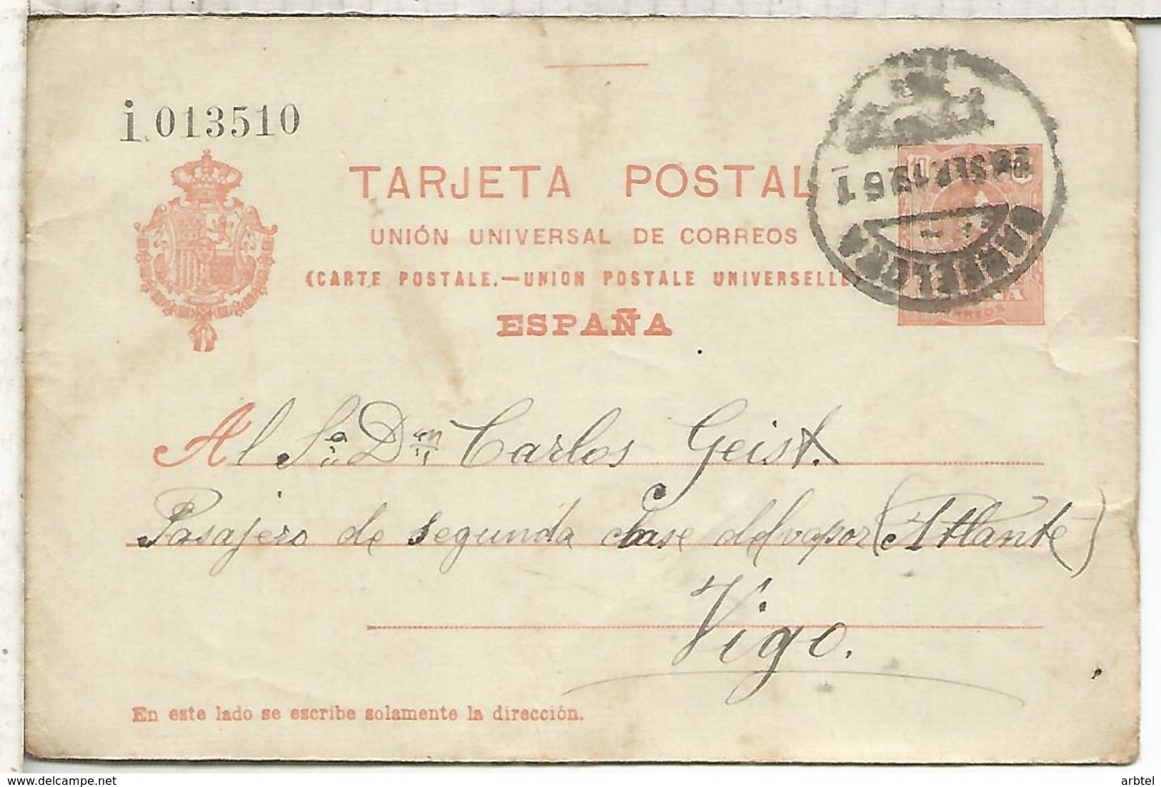 ESPAÑA ENTERO POSTAL ALFONSO XIII BARCELONA A VIGO SERIE I - 1850-1931