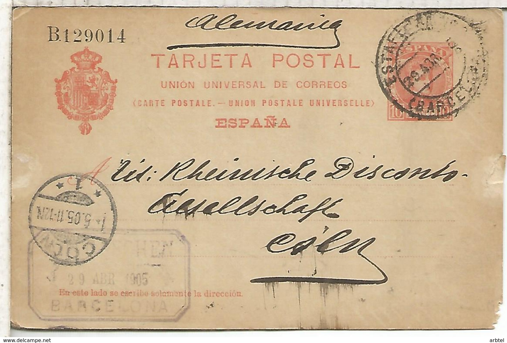 ESPAÑA ENTERO POSTAL ALFONSO XIII BARCELONA A KOLN ALEMANIA 1905 - 1850-1931