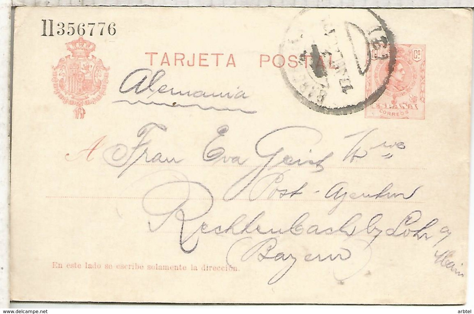 ESPAÑA ENTERO POSTAL ALFONSO XIII BARCELONA A RECHTENBACH SERIE Ll - 1850-1931