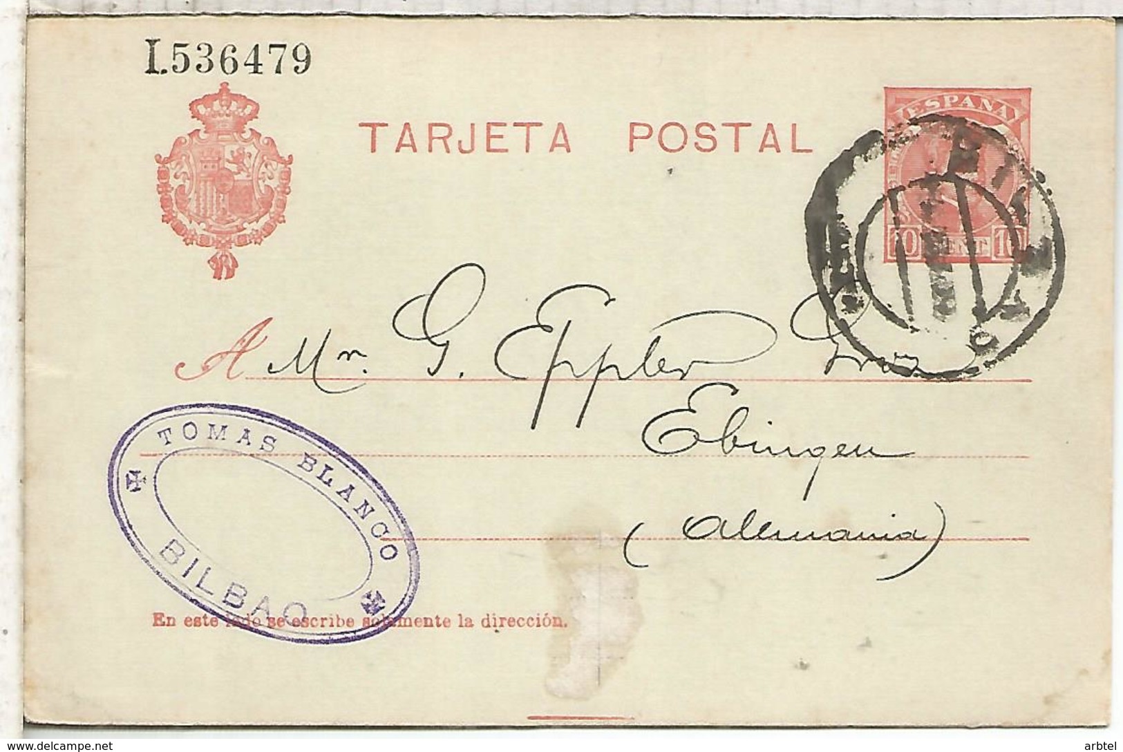 ESPAÑA ENTERO POSTAL ALFONSO XIII BILBAO A EBINGEN 1909 - 1850-1931