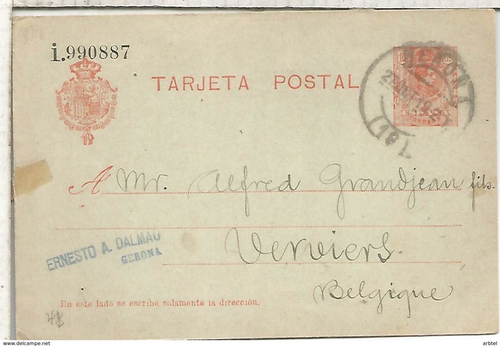 ESPAÑA ENTERO POSTAL ALFONSO XIII GERONA A VERVIERS 1919 SERIE I - 1850-1931