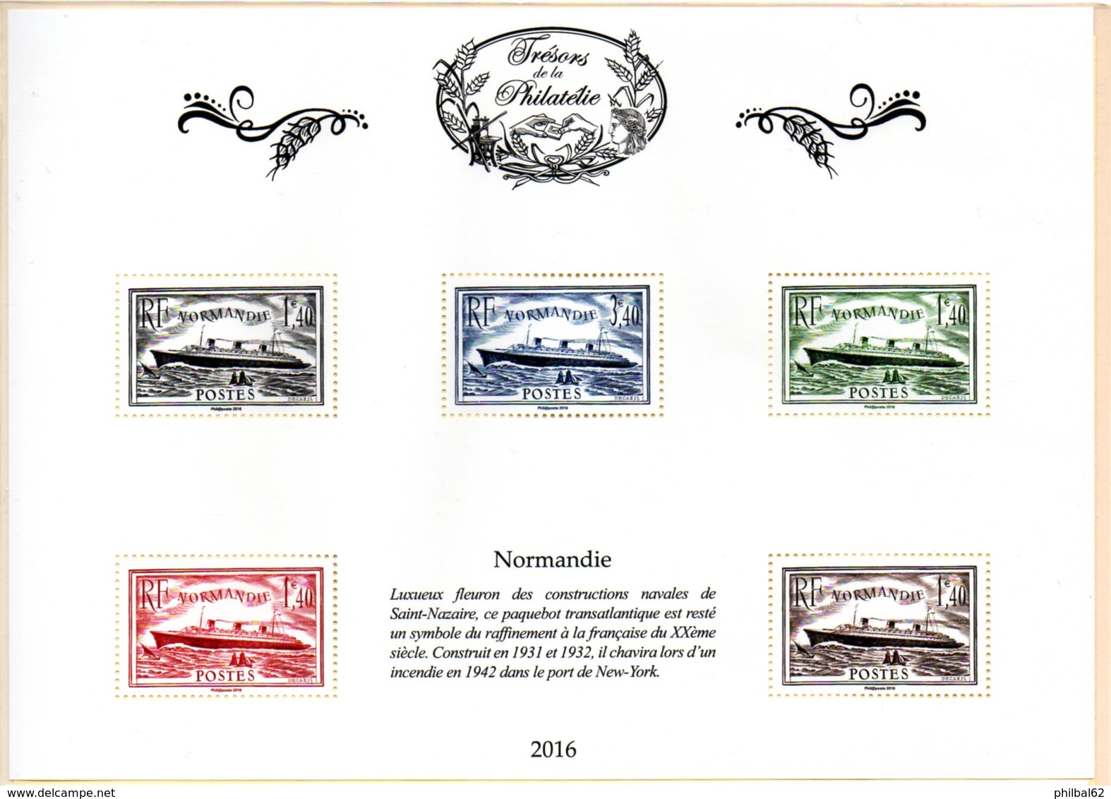 Bloc De 5 Timbres **  Paquebot "Normandie",  Issu De La Pochette "Trésors De La Philatélie 2016. - Neufs