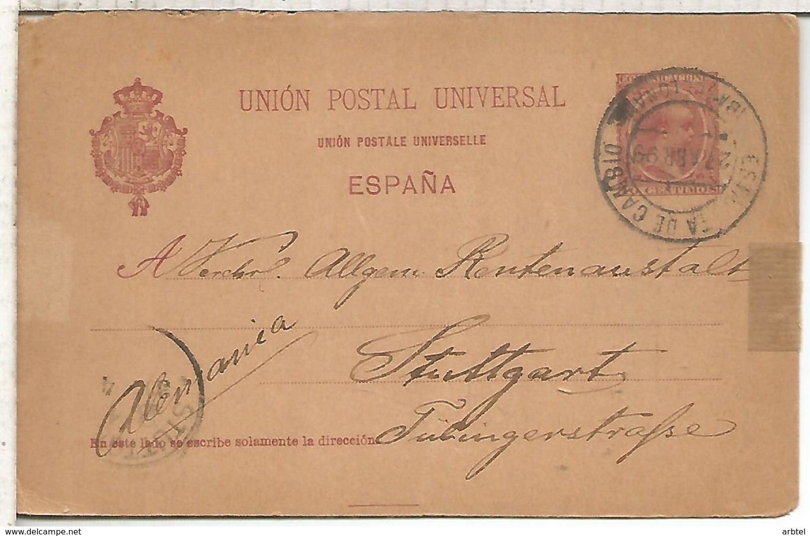 ESPAÑA  ENTERO POSTAL ALFONSO XIII BARCELONA A STUTTGART 1899 VARIANTE UNION EN FRANCES CON ACENTO - 1850-1931