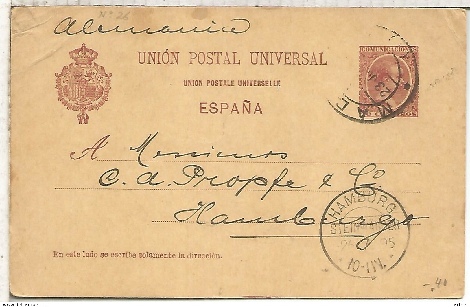 ESPAÑA  ENTERO POSTAL ALFONSO XIII MADRID A HAMBURG 1895 - 1850-1931