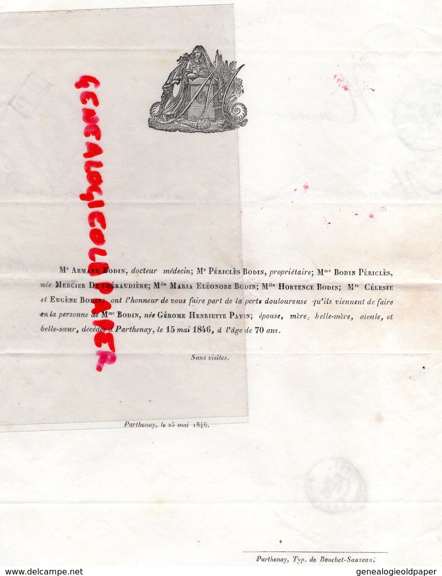 79- PARTHENAY- RARE FAIRE PART DECES MME BODIN NEE HENRIETTE PAVIN-1846- ARMAND BODIN MEDECIN-MERCIER DE LHERAUDIERE - Obituary Notices