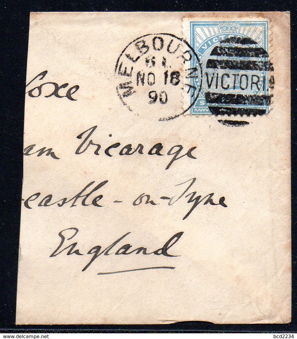 AUSTRALIA VICTORIA 1890 6d BLUE STAMP DUTY REVENUE ON PIECE WITH VERY CLEAR MELBOURNE NOV 18 CANCEL TO NEWCASTLE UK GB - Storia Postale