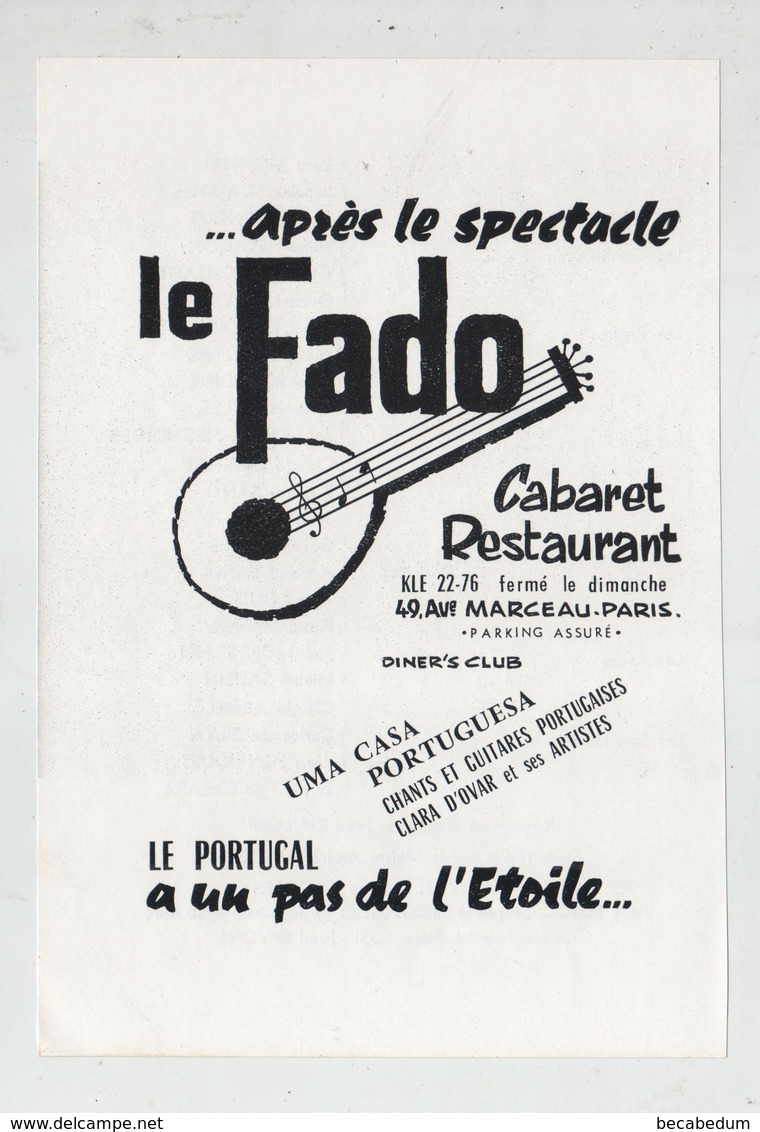 Après Le Spectacle Le Fado Cabaret Restaurant Diner's Club Paris Portugais - Publicités