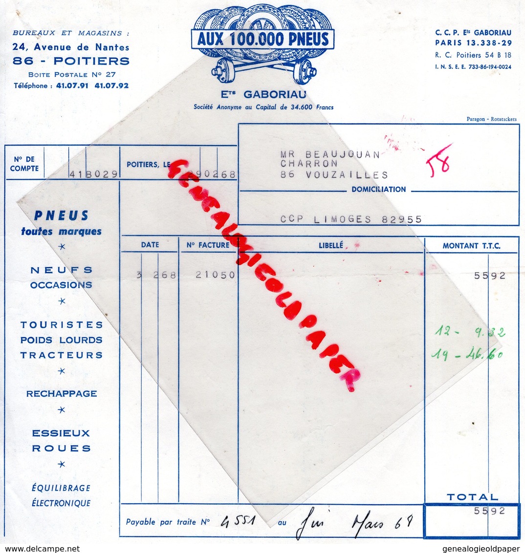 86- POITIERS- FACTURE AUX 100 000 PNEUS-ESSIEUX ROUES AGRAIRES ET AUTOS-  24 AVENUE DE NANTES-ETS. GABORIAU-1968 - Auto's