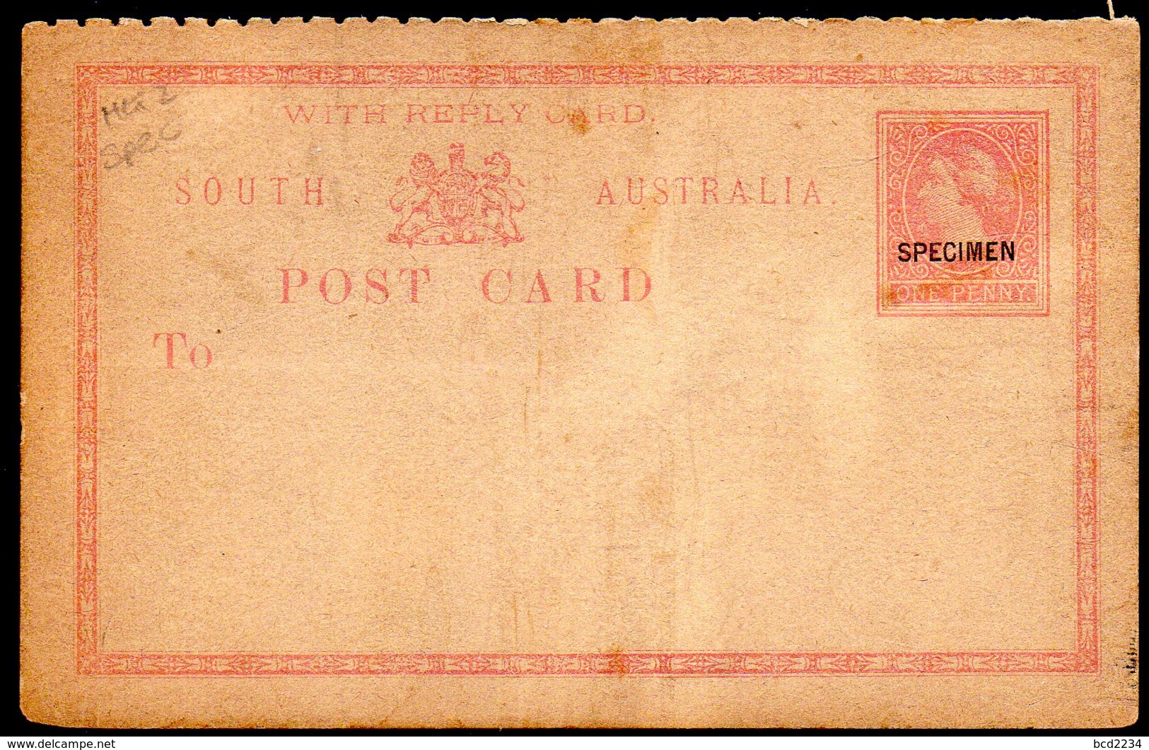 SOUTH AUSTRALIA OVERPRINT SPECIMEN POSTAL STATIONERY REPLY POST CARD UNUSED MINT - Lettres & Documents