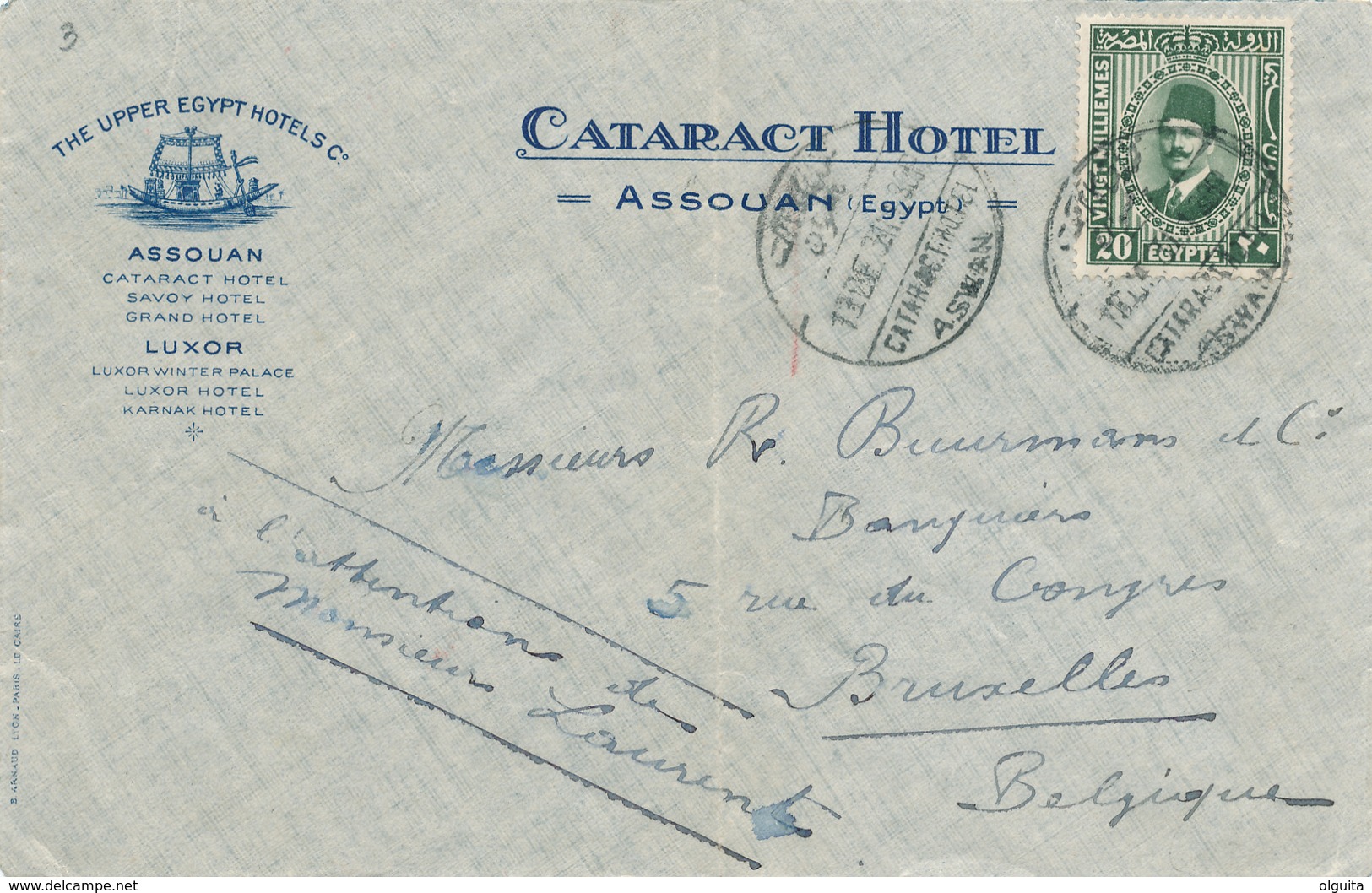 230/27 - EGYPTE -  Lettre Illustrée TP Fouad CATARACT Hotel ASSOUAN 1931 Vers BRUXELLES Belgium - Lettres & Documents