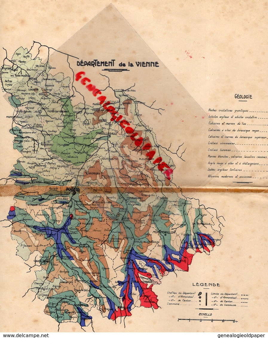 86- POITIERS-MONTMORILLON-CHATELLERAULT-MIREBEAU-VIVONNE-ISLE JOURDAIN-MONCONTOUR LOUDUN- RARE CARTE VIENNE GEOLOGIE- - Geographical Maps