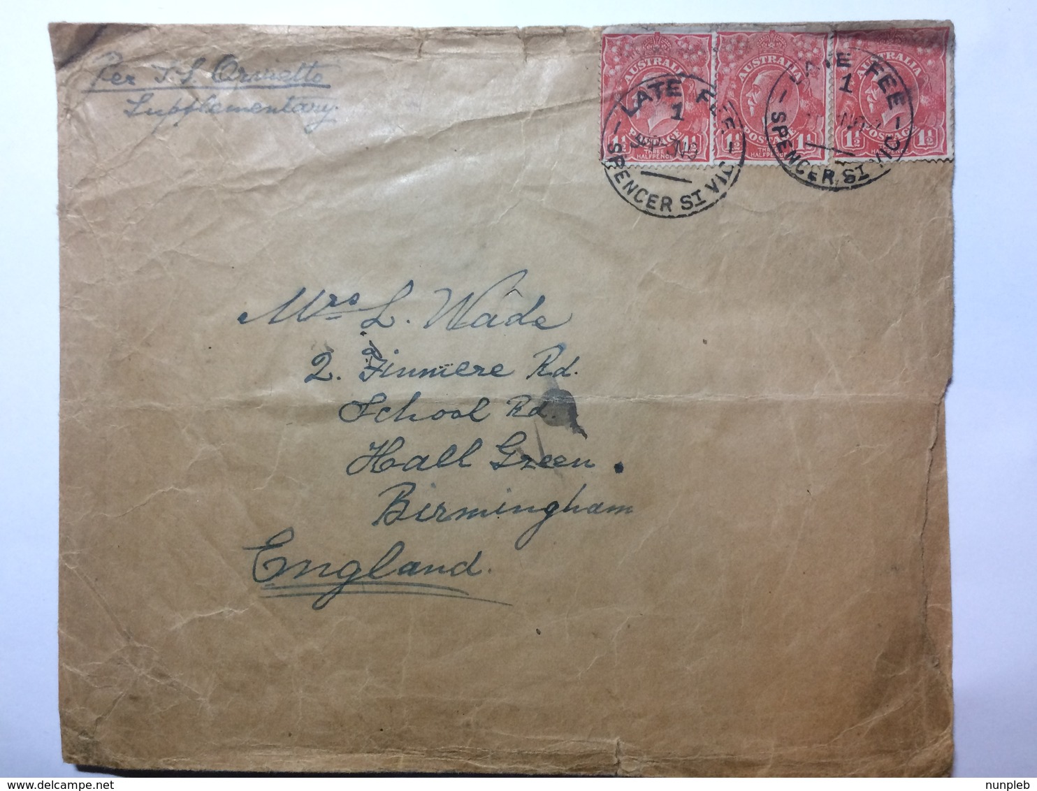 AUSTRALIA - George V Cover To Birmingham England With Late Fee Spencer St. Victoria Postmarks - Covers & Documents