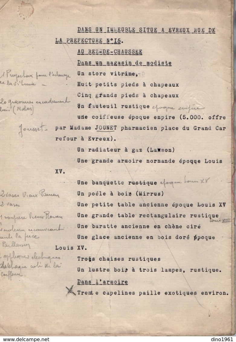 VP13.447 - BEZIERS - Acte De 1940 - Mme LOEVENSOHN - Inventaire Sur Déclaration Dans Un Immeuble Situé à EVREUX - Collections
