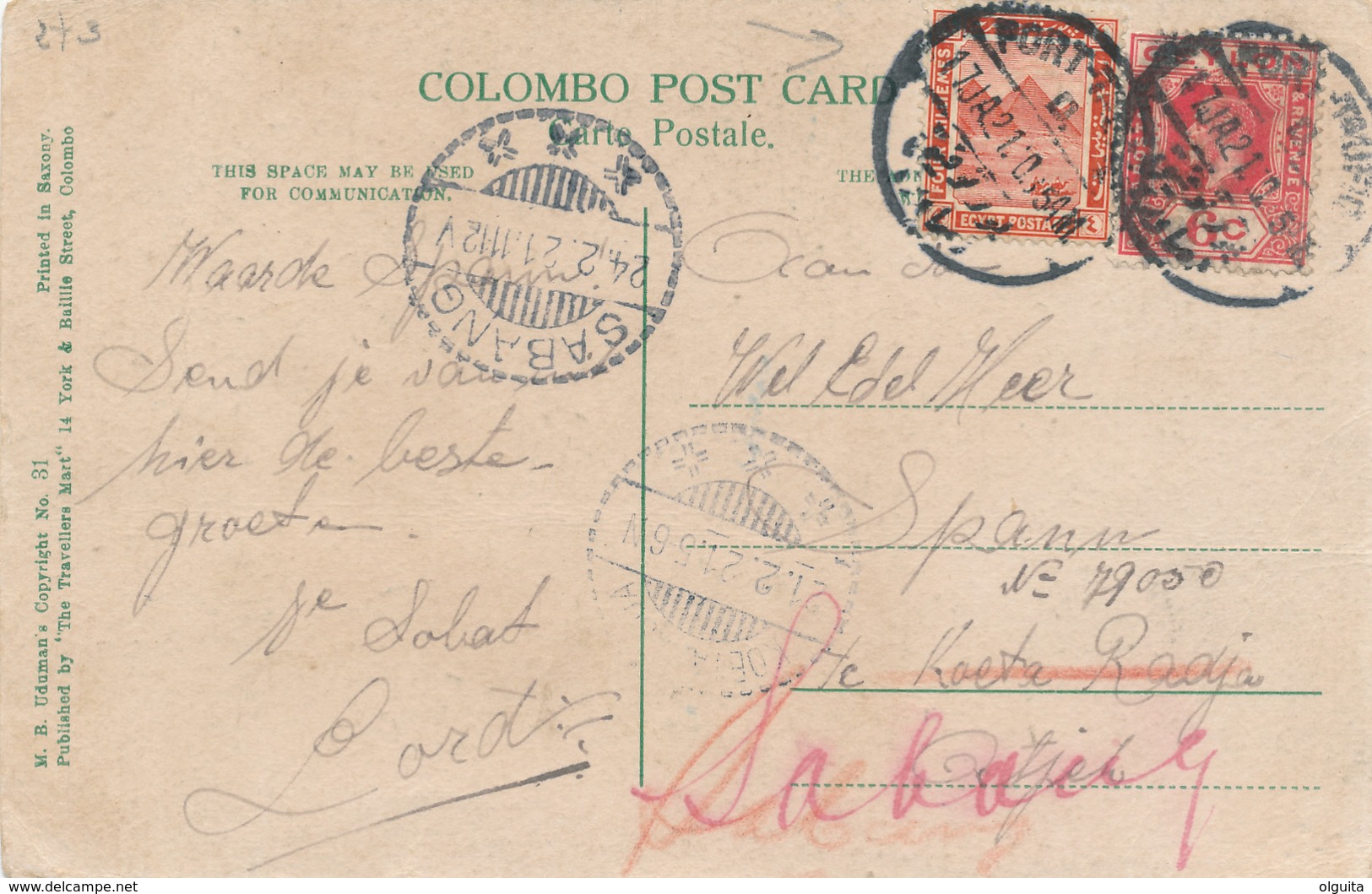 232/27 - EGYPT / CEYLON - Viewcard With MIXED Franking PORT TAUFIQ 1921 To SABANG Netherlands Indies - 1915-1921 Protectorat Britannique