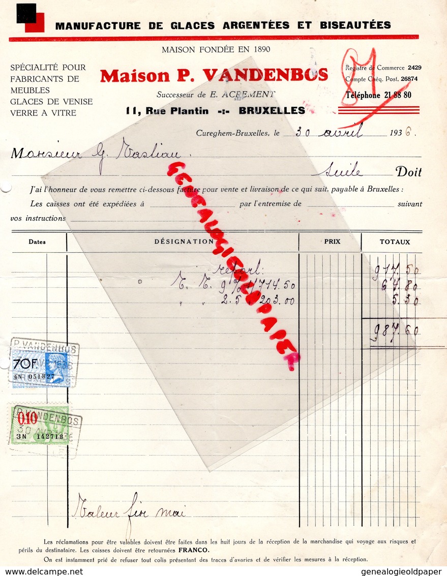 BELGIQUE-BRUXELLES- RARE FACTURE MAISON P. VANDENBOS-MANUFACTURE GLACES ARGENTEES BISEAUTEES-E. ACREMENT-1936 - Old Professions