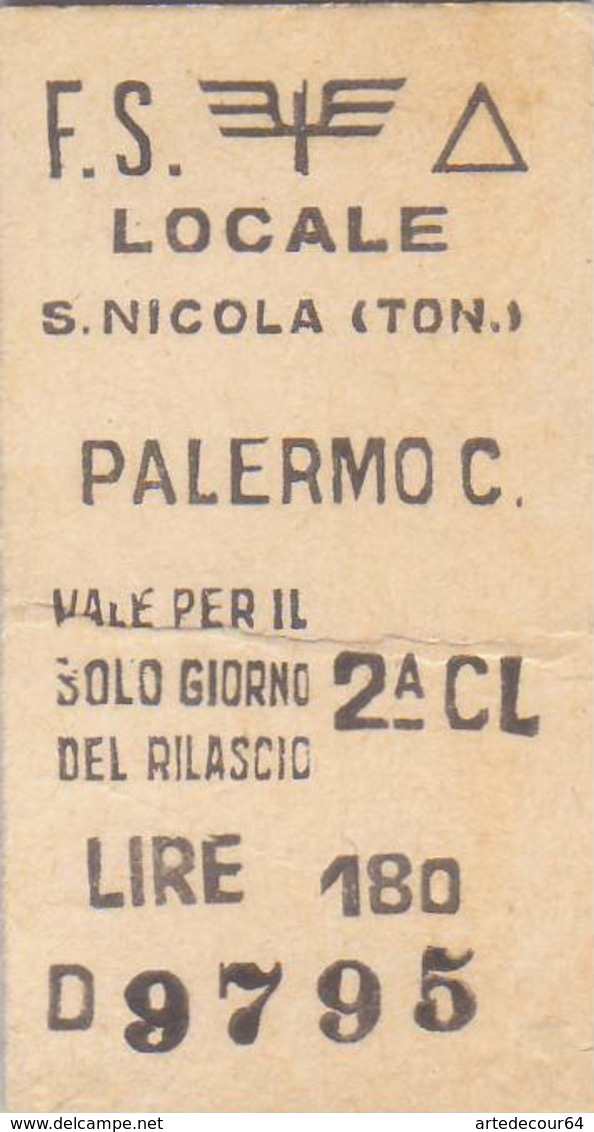 Biglietto  Ferroviario  - S.nicola ( Ton.)  /  Palermo C.le  - Lire 180 - Europe