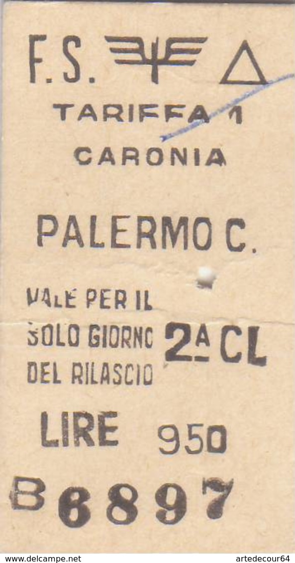 Biglietto  Ferroviario  - Caronia   /  Palermo  C.  - Lire 950 - Europa