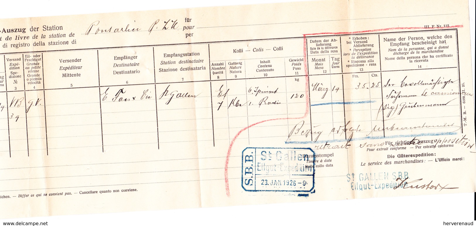 Chemins De Fer Suisses: De Pontarlier, Transport De Chalon-sur-Saône à Saint-Gall (1926) - Schweiz