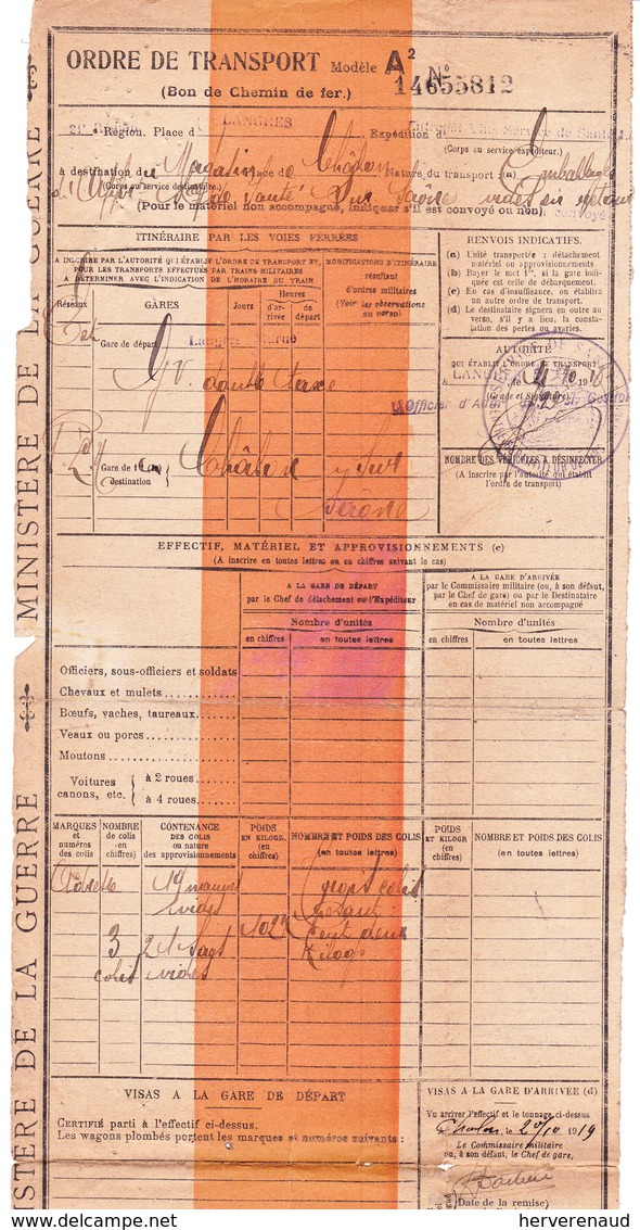 Ordre De Transport De Langres à Chalon-sur-Saône  (1918) - Transport