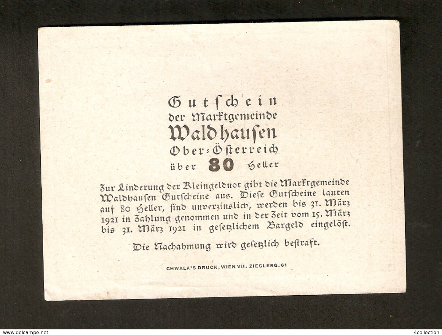 T.  Austria Ober-Österreich Notgeld Der Stadt Marktgemeinde Waldhausen O.O. 80 Heller 1921 - Austria