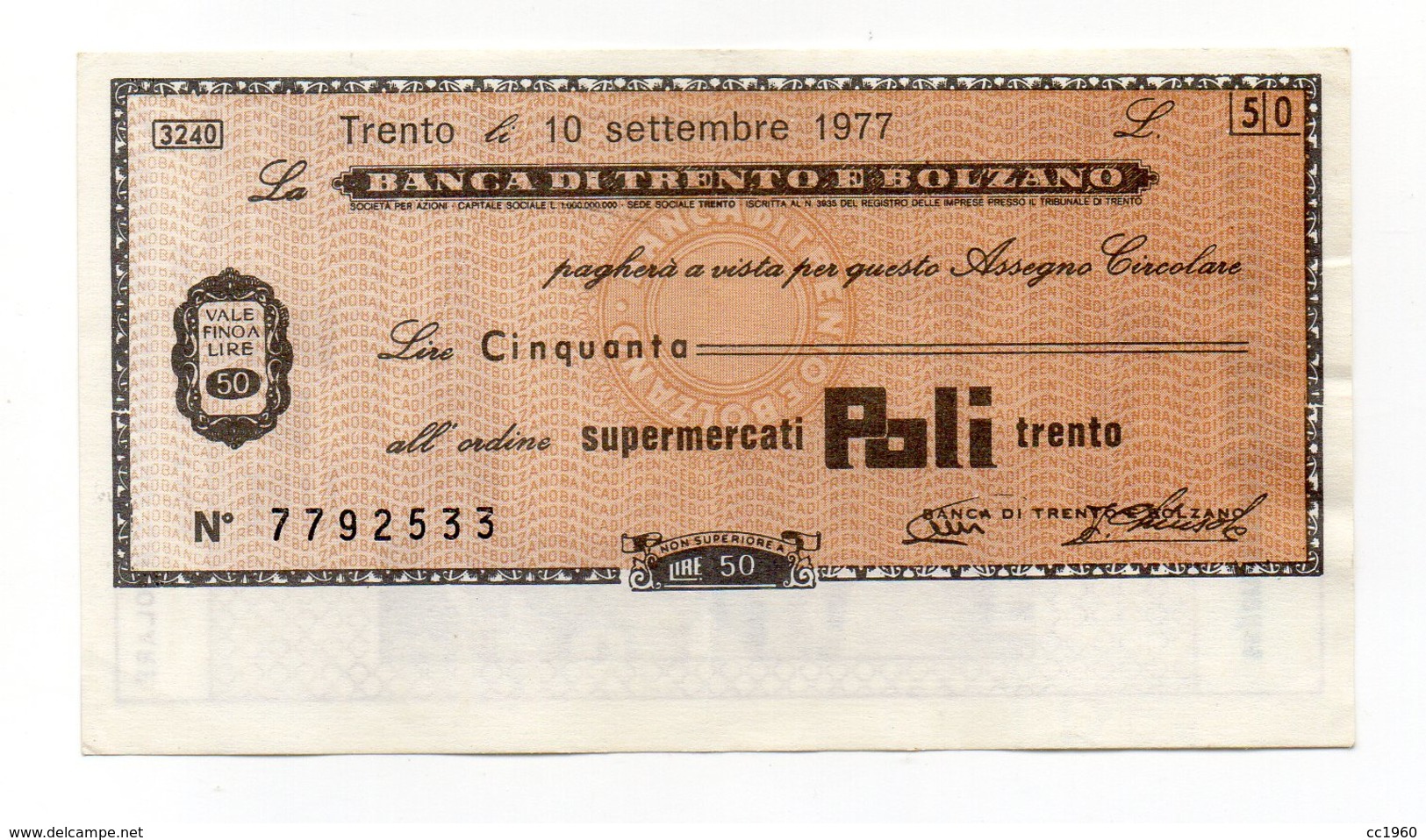 Italia - Miniassegno Da Lire 50 Emesso Dalla Banca Di Trento E Bolzano Nel 1977 - (FDC13009) - [10] Cheques Y Mini-cheques
