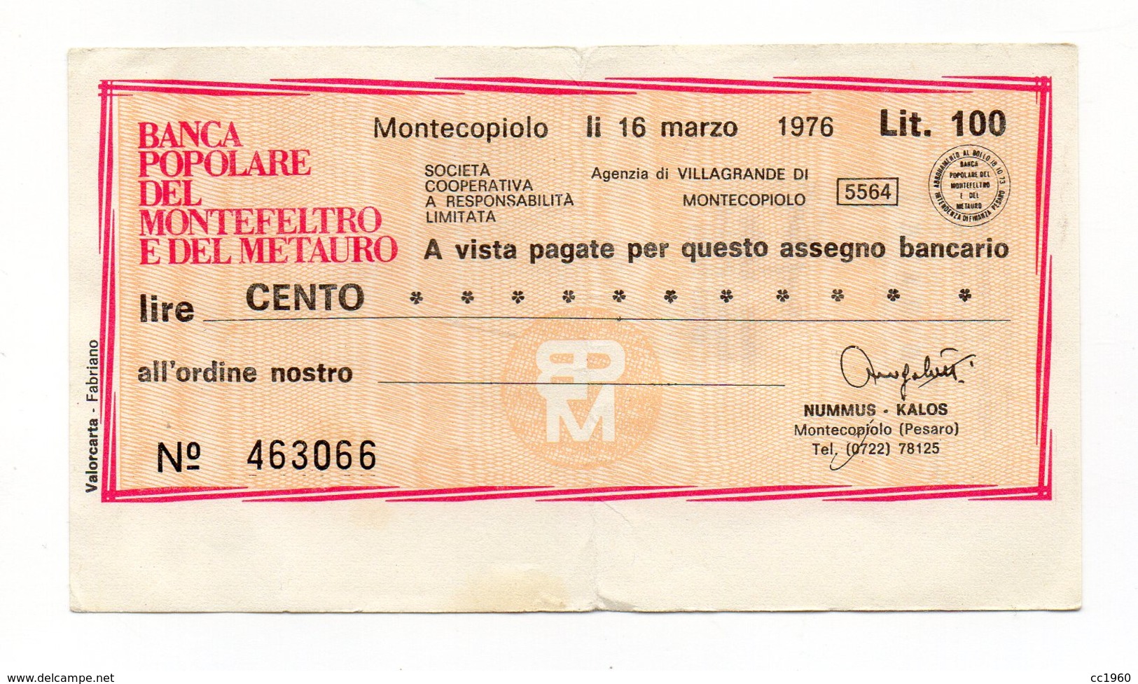 Italia - Miniassegno Da Lire 100 Emesso Dalla Banca Popolare Del Montefeltro E Del Metauro Nel 1976 - (FDC13010) - [10] Assegni E Miniassegni