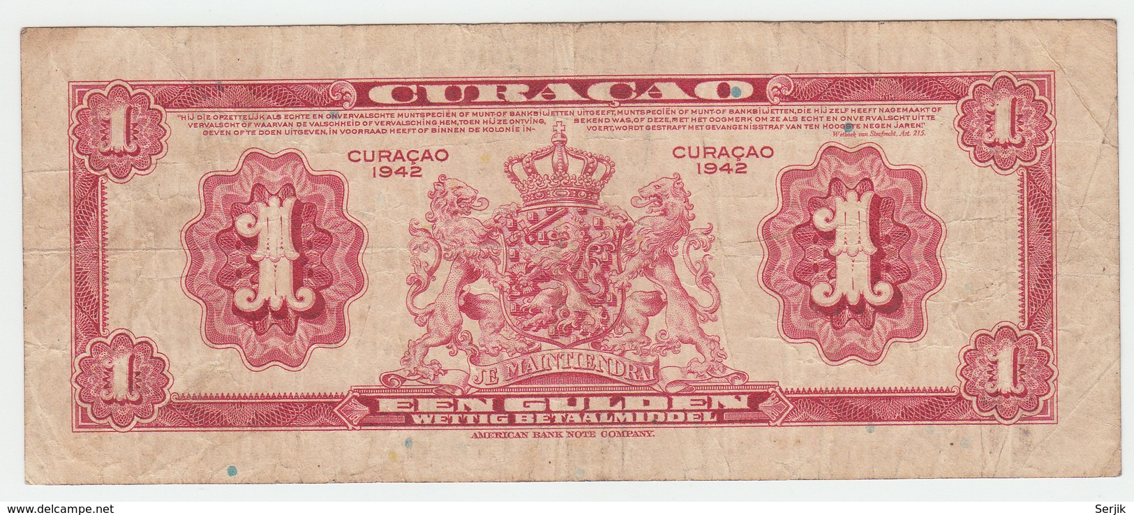 CURACAO 1 GULDEN 1942 VF Pick 35a 35 A - Antilles Néerlandaises (...-1986)