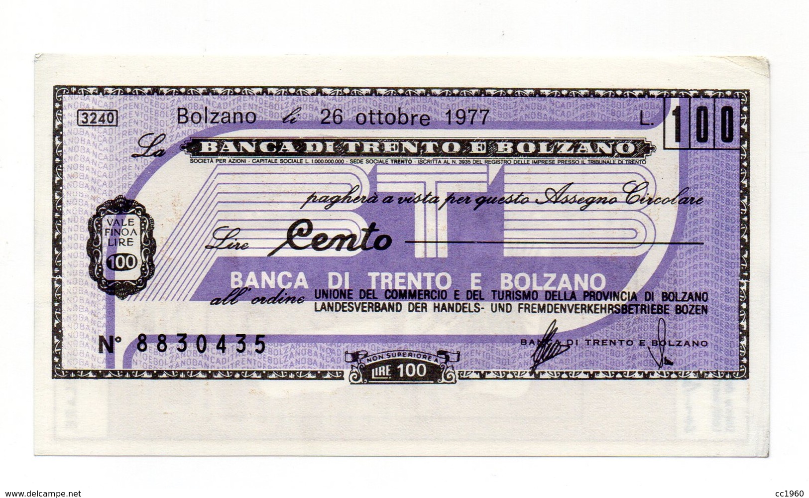 Italia - Miniassegno Da Lire 100 Emesso Dalla Banca Di Trento E Bolzano Nel 1977 - (FDC13012) - [10] Assegni E Miniassegni