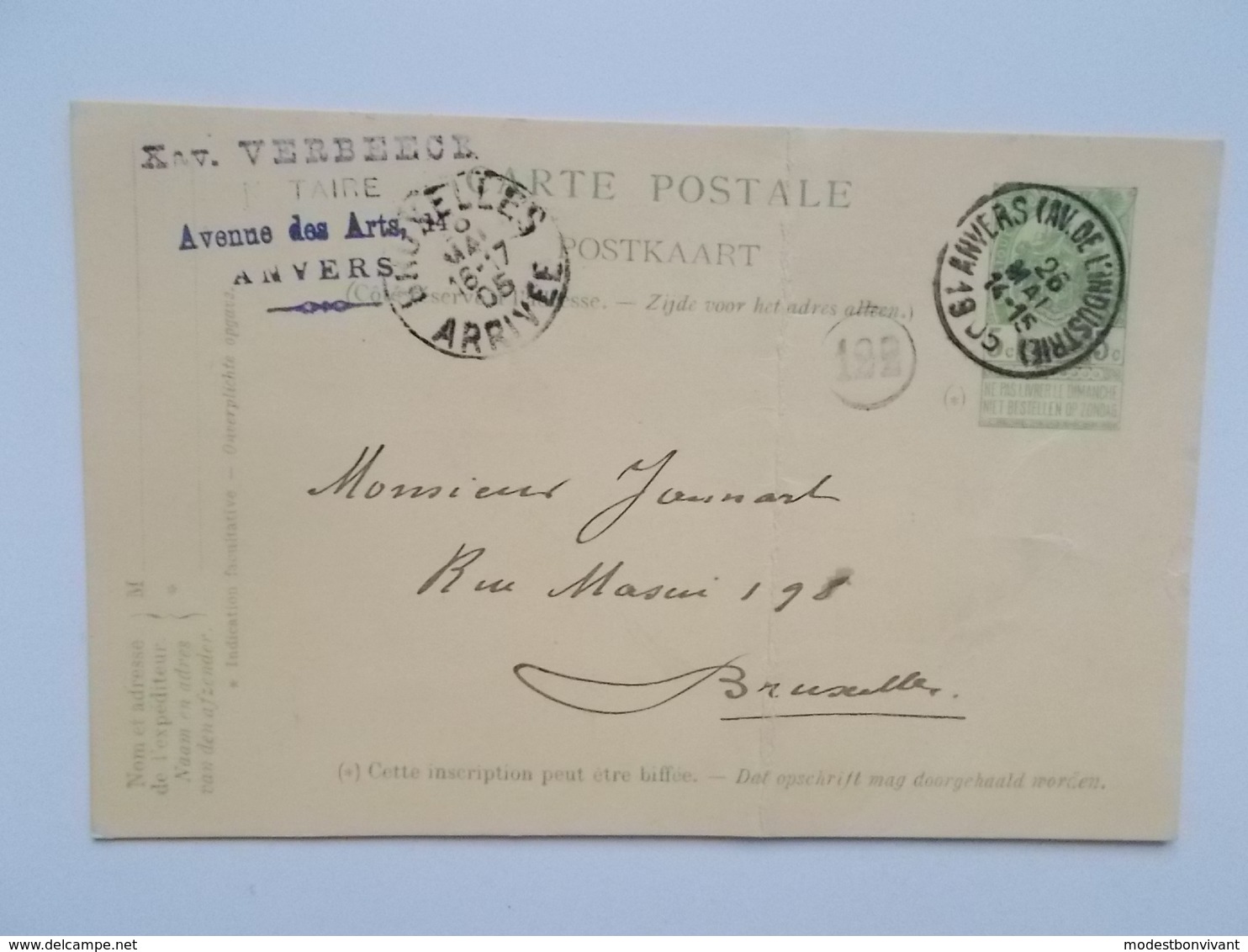 1905 Oude Postkaart, Gele Briefkaart  VERBEECE, Anvers Vers  JAMMART, Bruxelles, Manuscript - Cartes Postales 1871-1909