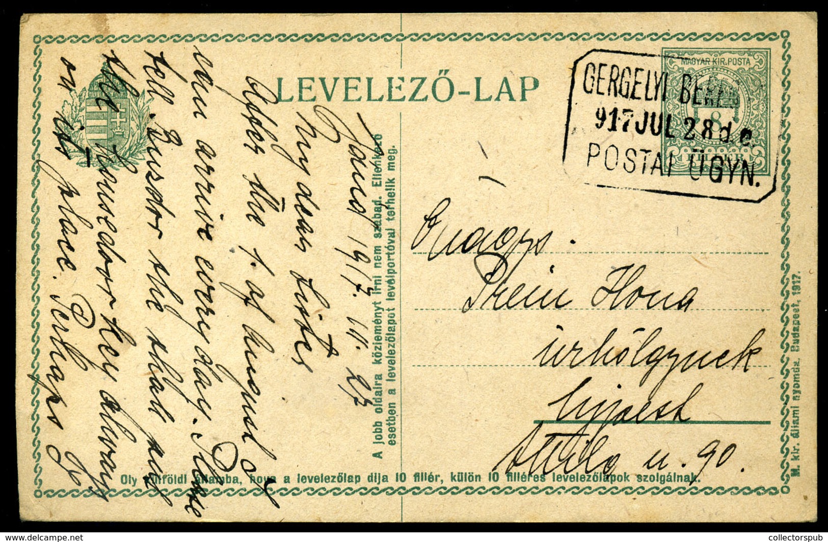 GERGELYI 1917. Díjjegyes Lap  Postaügynökségi Bélyegzéssel   /  1917 Stationery Card Postal Agency Pmk - Usati