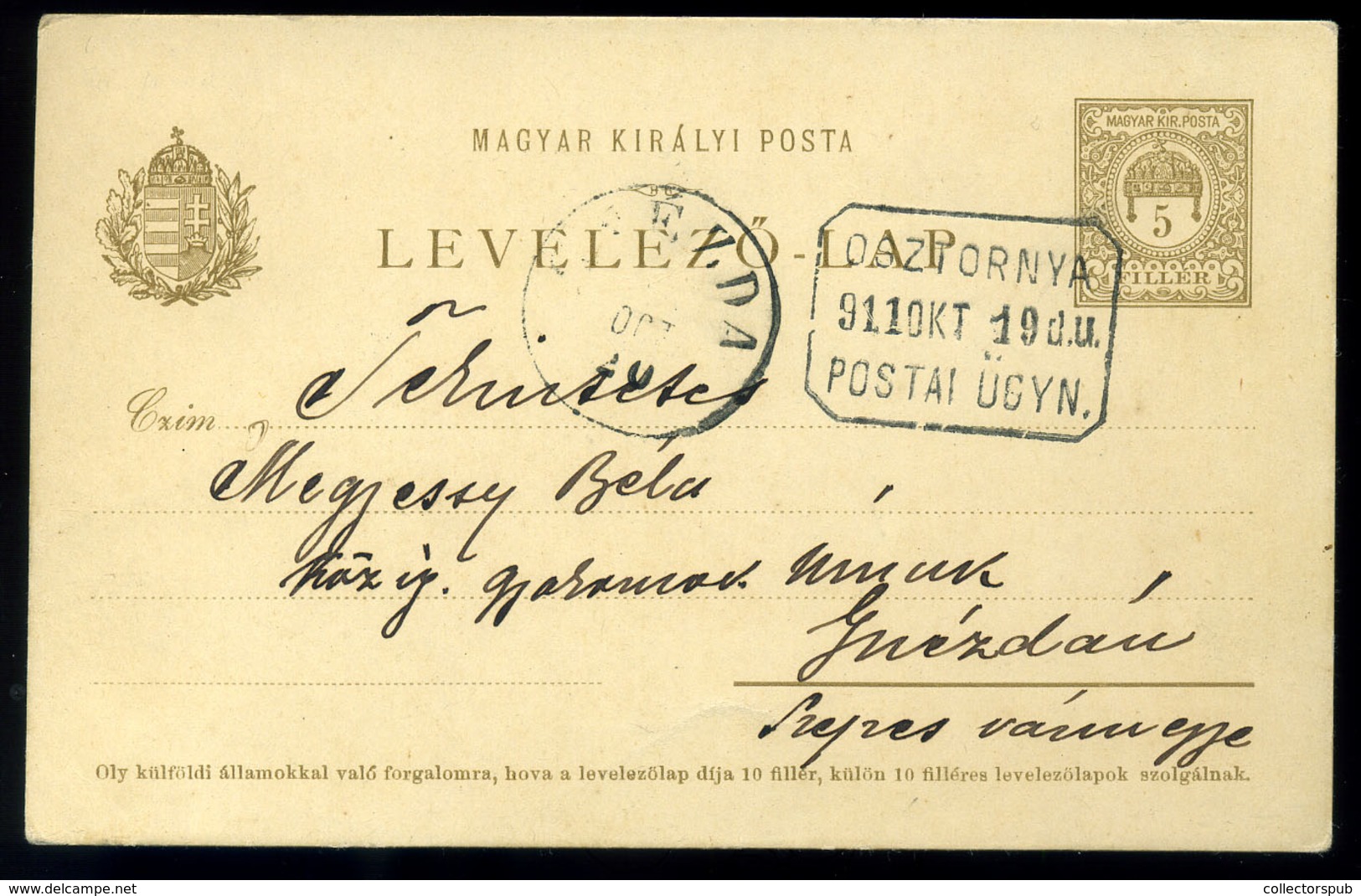 OSZTORNYA /  Osturňa 1911. Díjjegyes Lap  Postaügynökségi Bélyegzéssel   /  1911 Stationery Card Postal Agency Pmk - Usado
