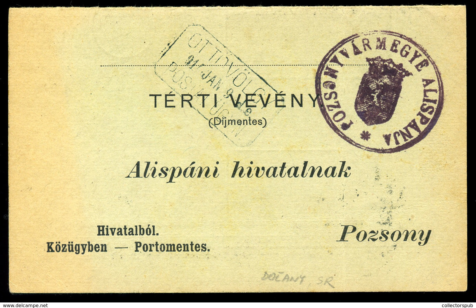 OTTOVÖLGY / Doľany  1914. Portómentes Postázott Tértivevény Postaügynökségi Bélyegzéssel - Usado