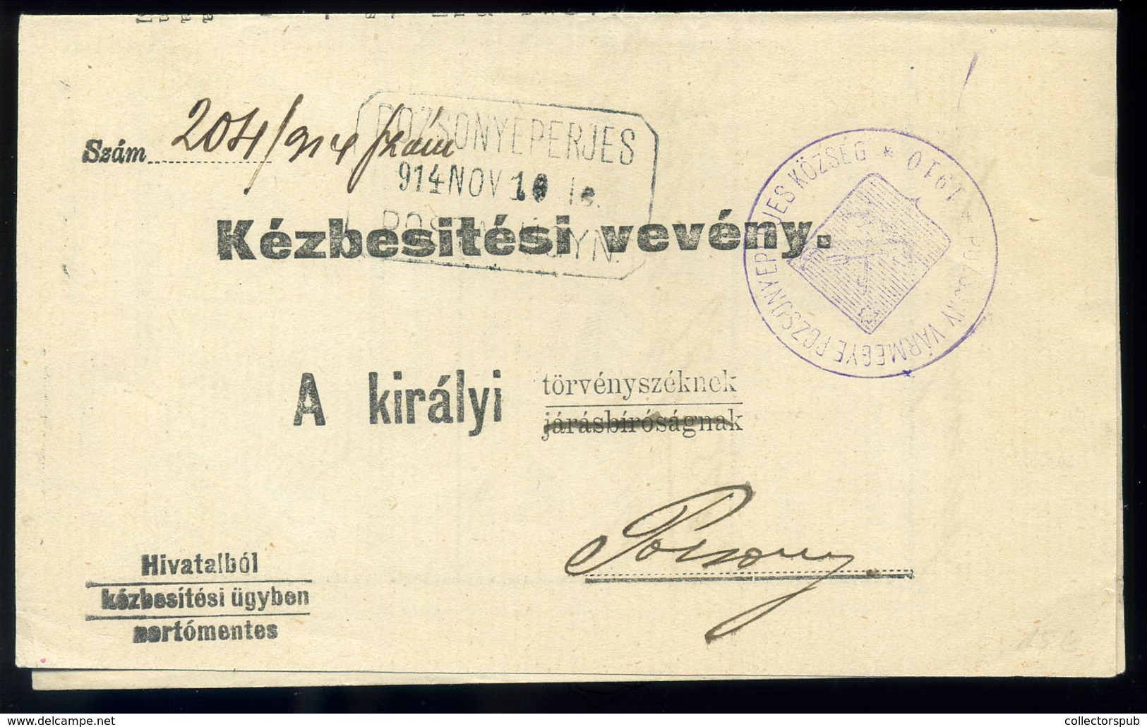 POZSONYEPERJES 1914. Portómentes Postázott Tértivevény Postaügynökségi Bélyegzéssel - Used Stamps