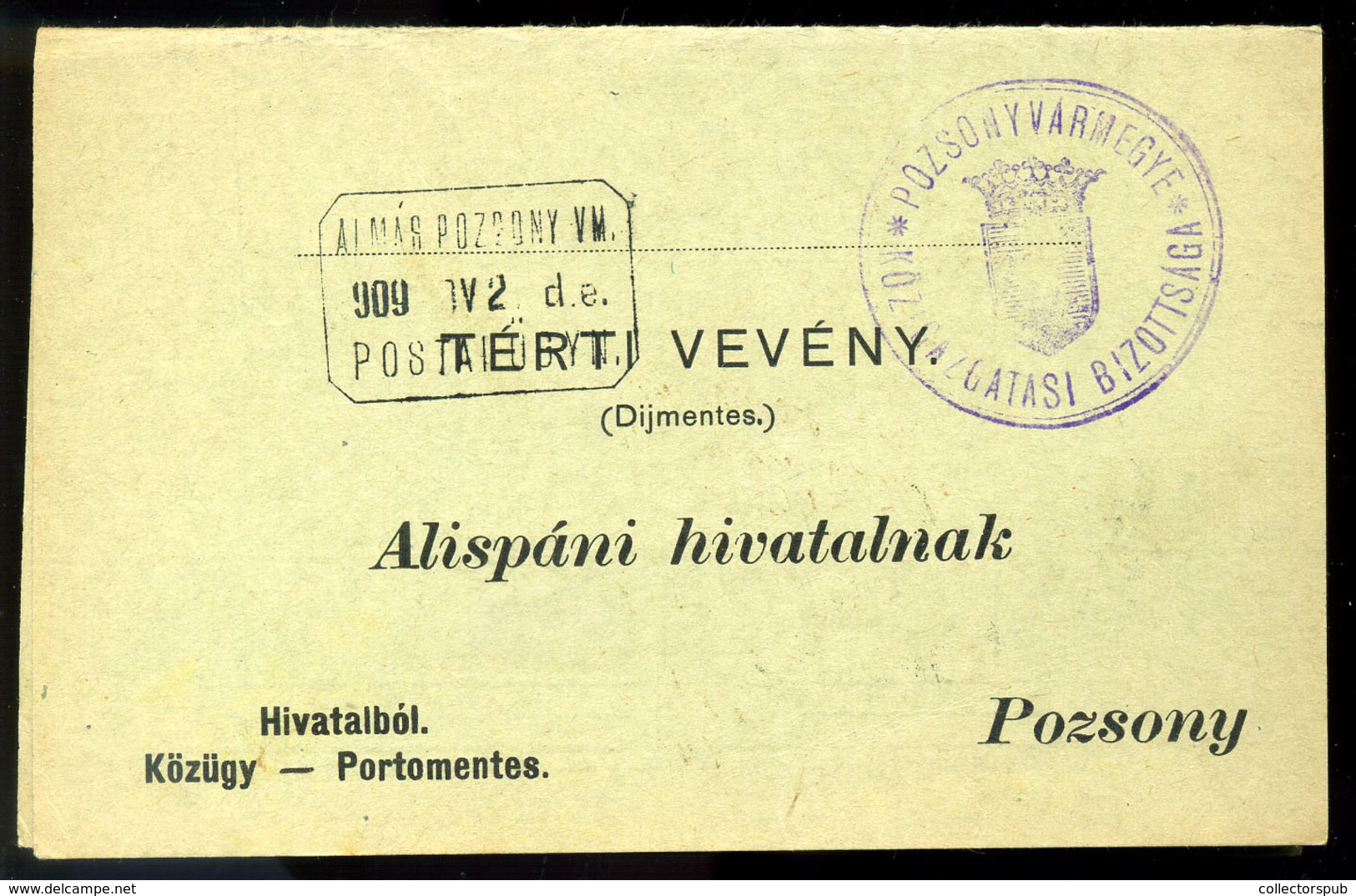 ALMÁS 1909. Portómentes Postázott Tértivevény Postaügynökségi Bélyegzéssel - Used Stamps