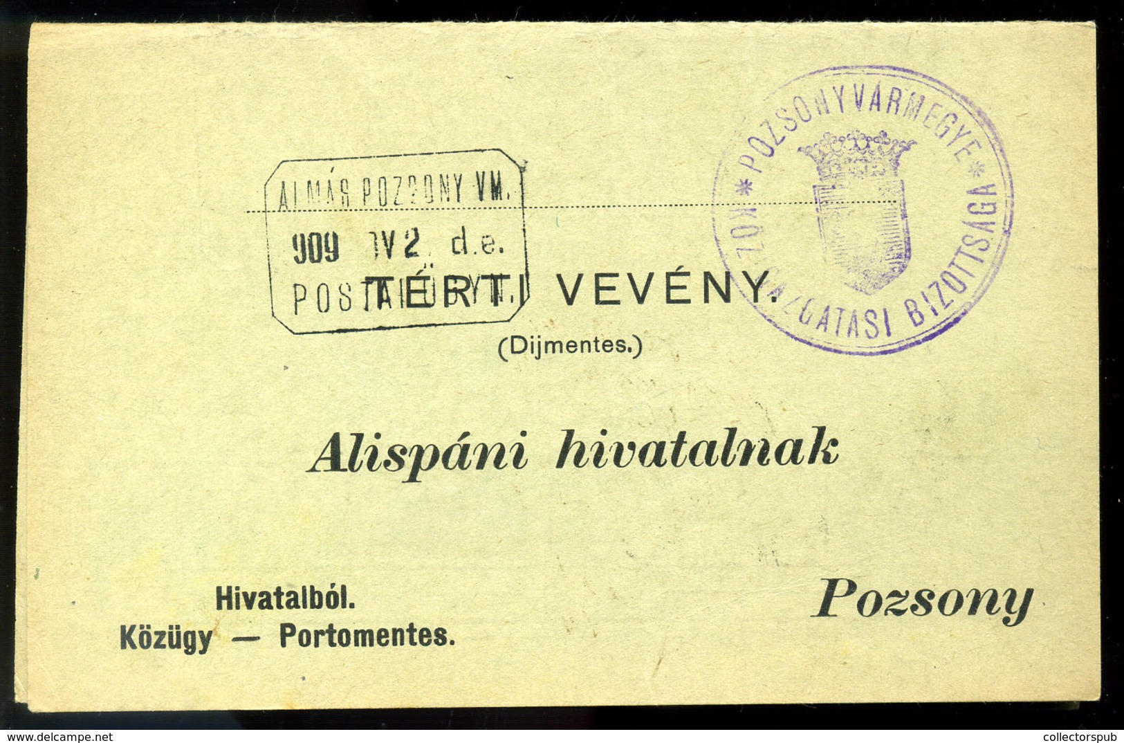 ALMÁS 1909. Portómentes Postázott Tértivevény Postaügynökségi Bélyegzéssel - Gebraucht