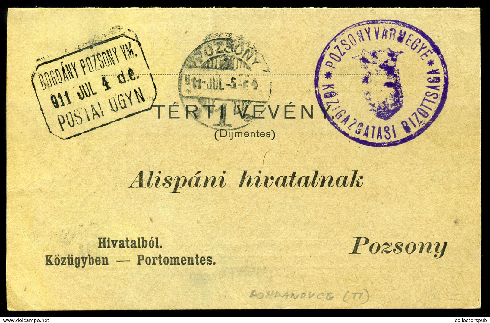 BOGDÁNY   1911. Portómentes Postázott Tértivevény Postaügynökségi Bélyegzéssel - Used Stamps