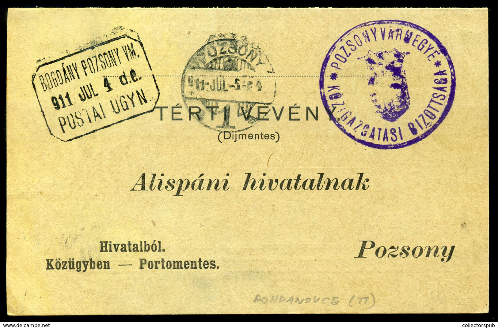 BOGDÁNY   1911. Portómentes Postázott Tértivevény Postaügynökségi Bélyegzéssel - Gebraucht