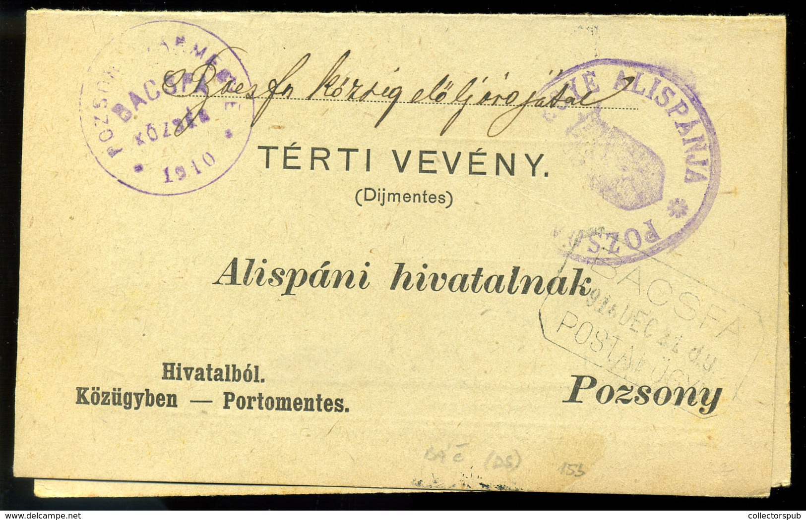 BÁCSFA / Báč 1910. Portómentes Postázott Tértivevény Postaügynökségi Bélyegzéssel - Used Stamps