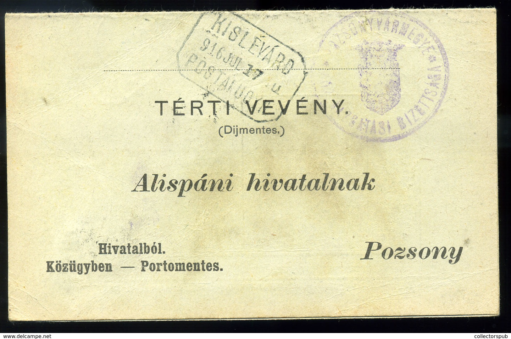 KISLÉVÁRD /  Malé Leváre 1916. Portómentes Postázott Tértivevény Postaügynökségi Bélyegzéssel - Gebraucht