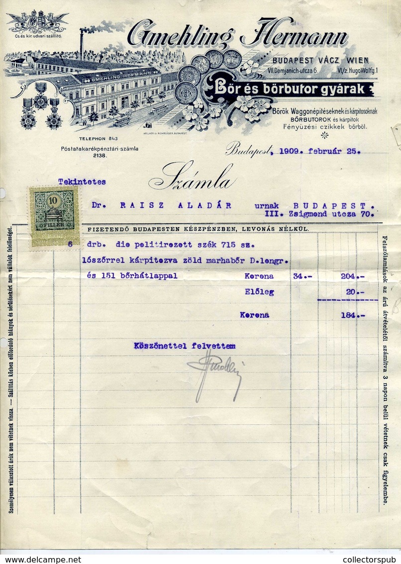 GMEHLING Hermann,  Bőrbútor Gyárfejléces, Céges Számla Budapest 1909. - Unclassified