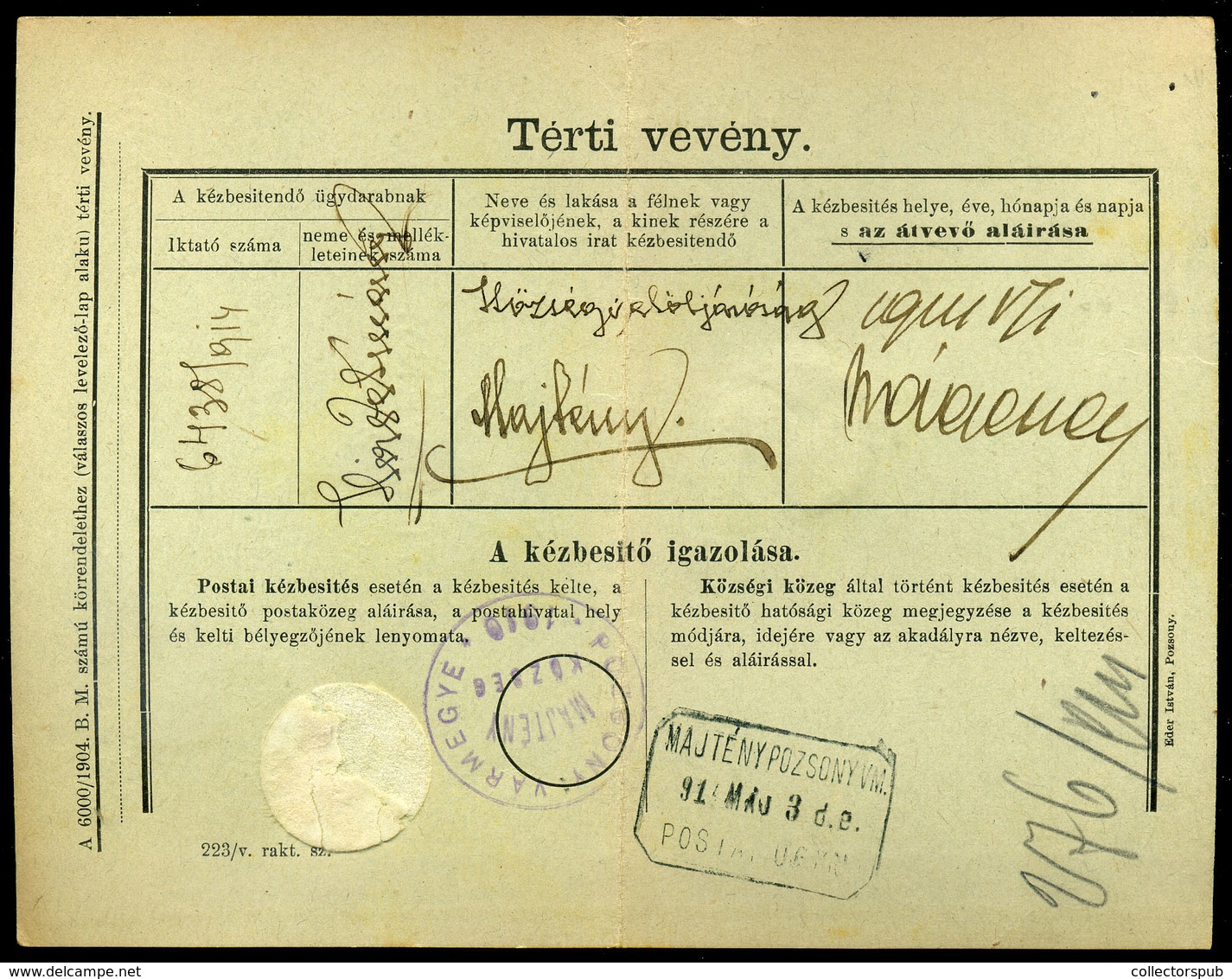 MAJTÉNY / Majcichov 1914. Portómentes Postázott Tértivevény Postaügynökségi Bélyegzéssel - Covers & Documents