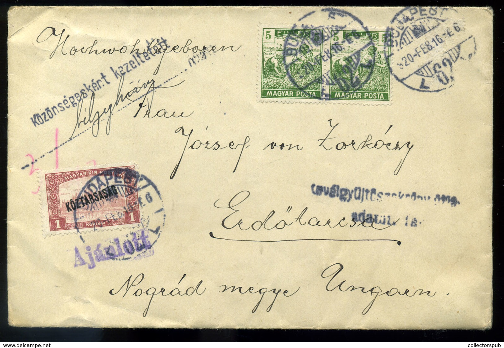 BUDAPEST 1920. Ajánlott Levél Erdőtarcsára, "közönségesként Kezeltetett Bélyeghiány Miatt" Bélyegzéssel - Covers & Documents