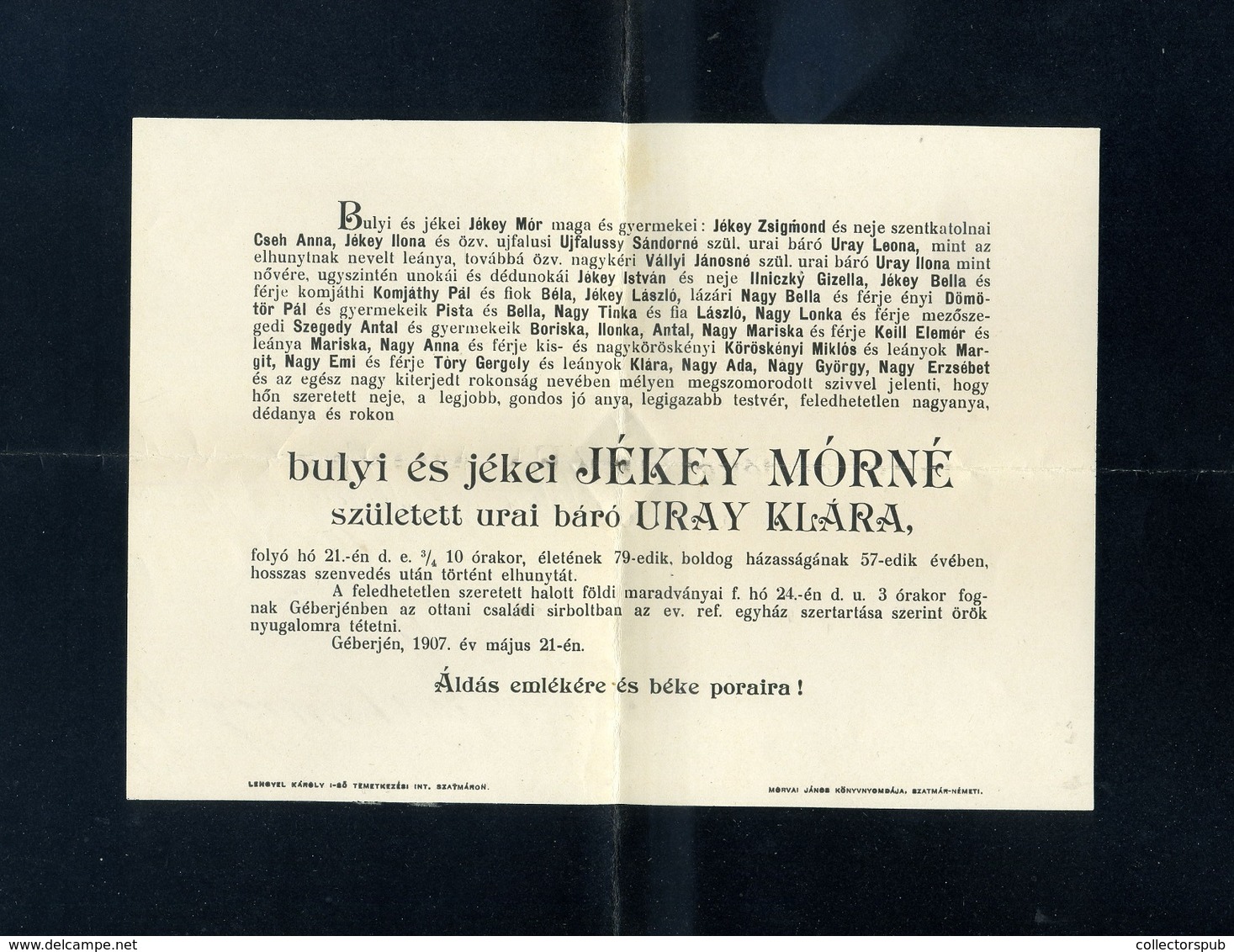 GÉBERJÁN 1907. Gyászjelentés, Postaügynökségi Bélyegzéssel, Báró Uray Klára, Jékely Mórné - Covers & Documents